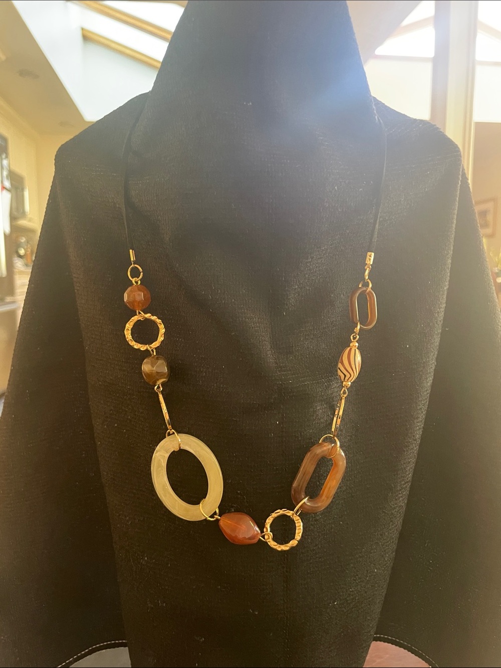 Ashley Cooper Geometric
Statement Necklace Brown Cream Tan Gold Black Cord NWT